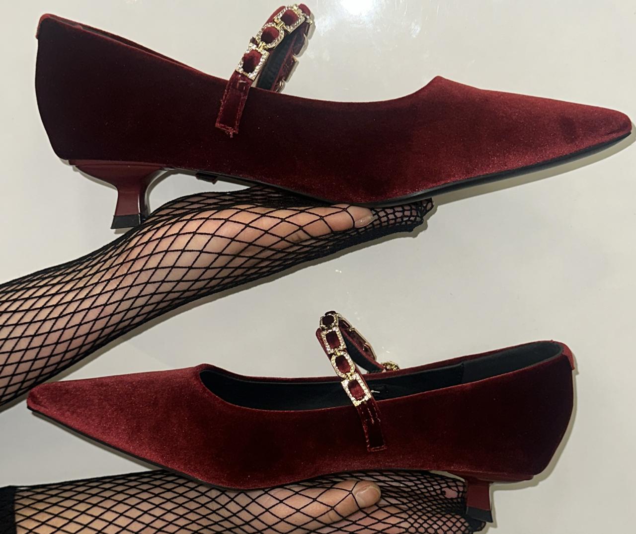 Chain Strap Velvet Kitten Heels