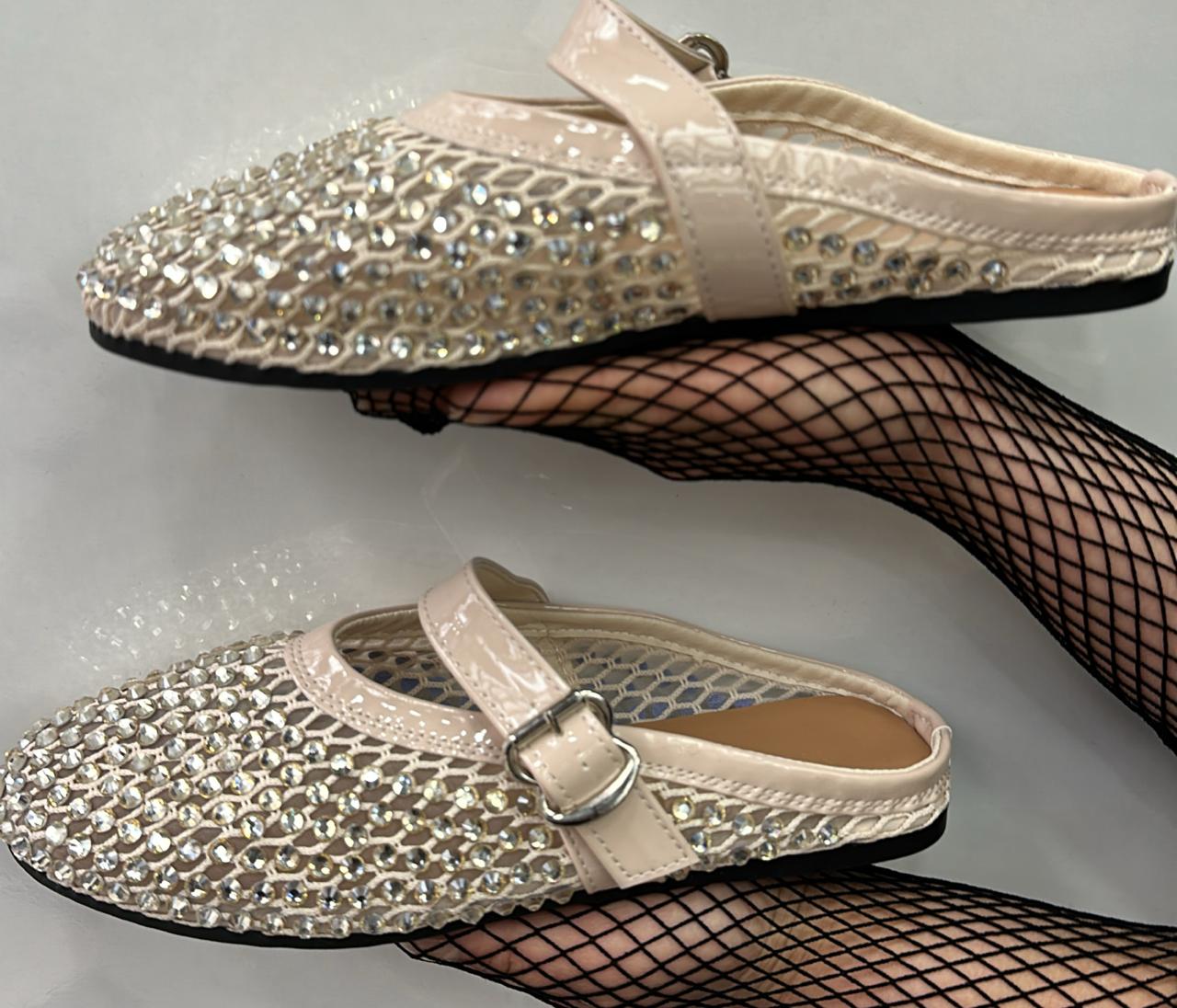 Mesh Rhinestone Fishnet Ballet Flats