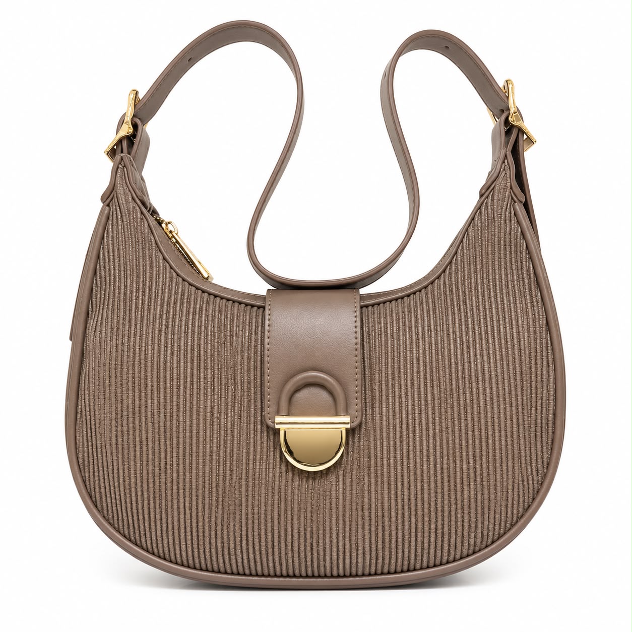 Mocha Ribbed Crescent Shoulder Bag
